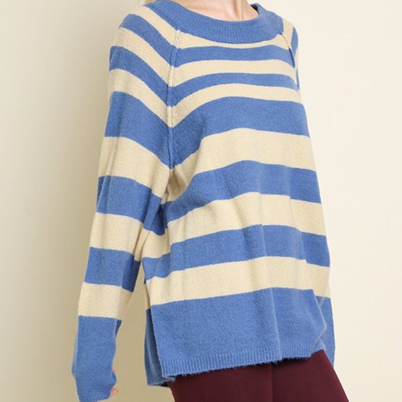 Umgee | Vici Collection Blue and Tan Tunic Sweater SMALL - Picture 1 of 7